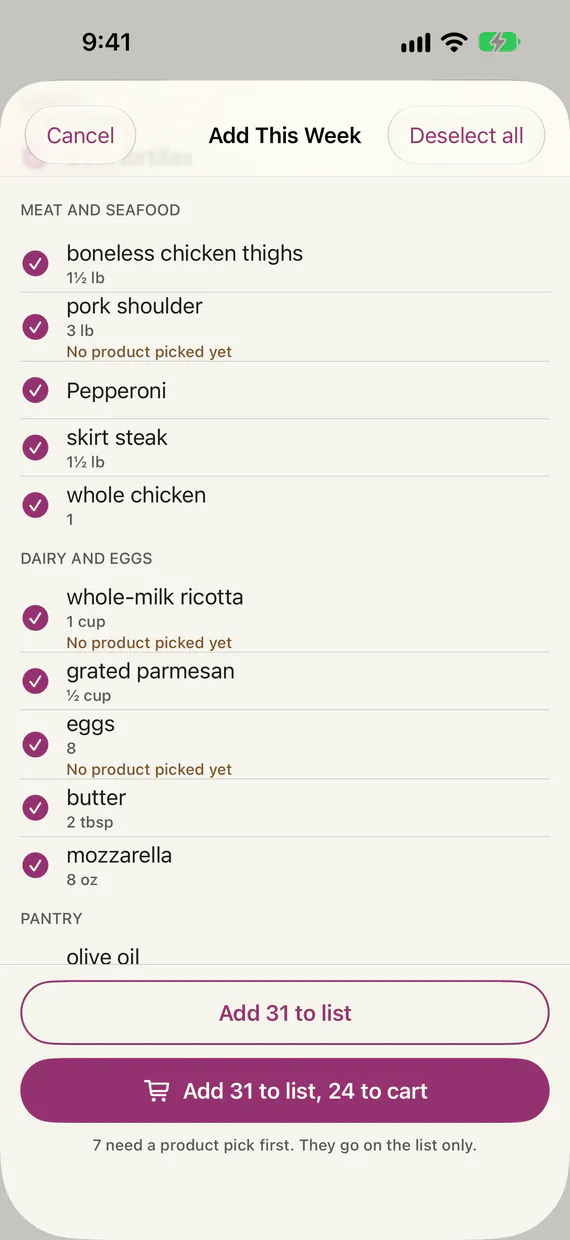 Add This Week in It’s Dinnertime!: the week’s groceries by aisle, each row showing whether a product is picked, with Add 31 to list and Add 31 to list, 24 to cart