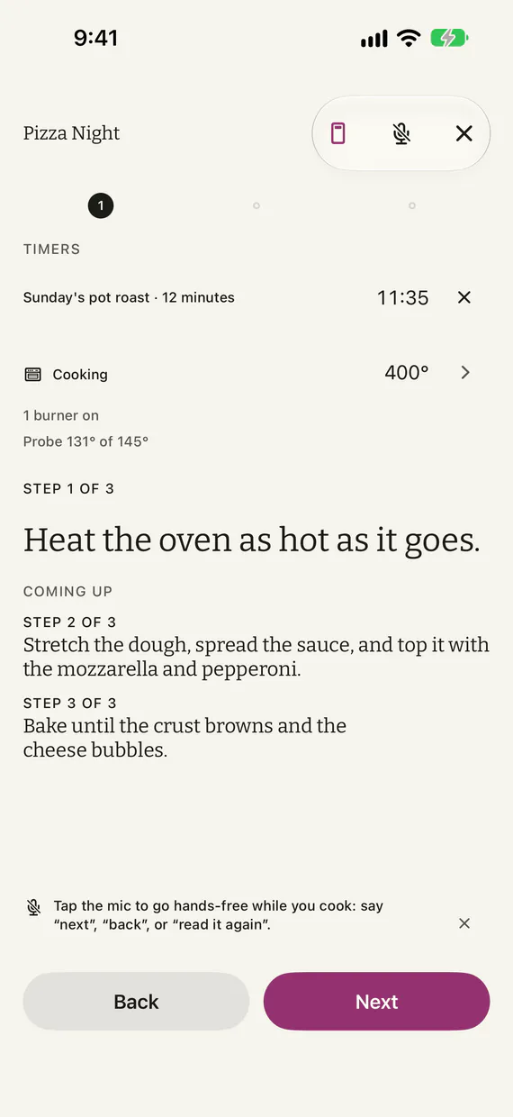Cook Along for Pizza Night: step 1 of 3, Heat the oven as hot as it goes, with a running timer, the connected oven cooking at 400° F, and the next two steps below