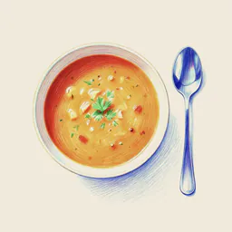 A drawing of a bowl of soup with a spoon