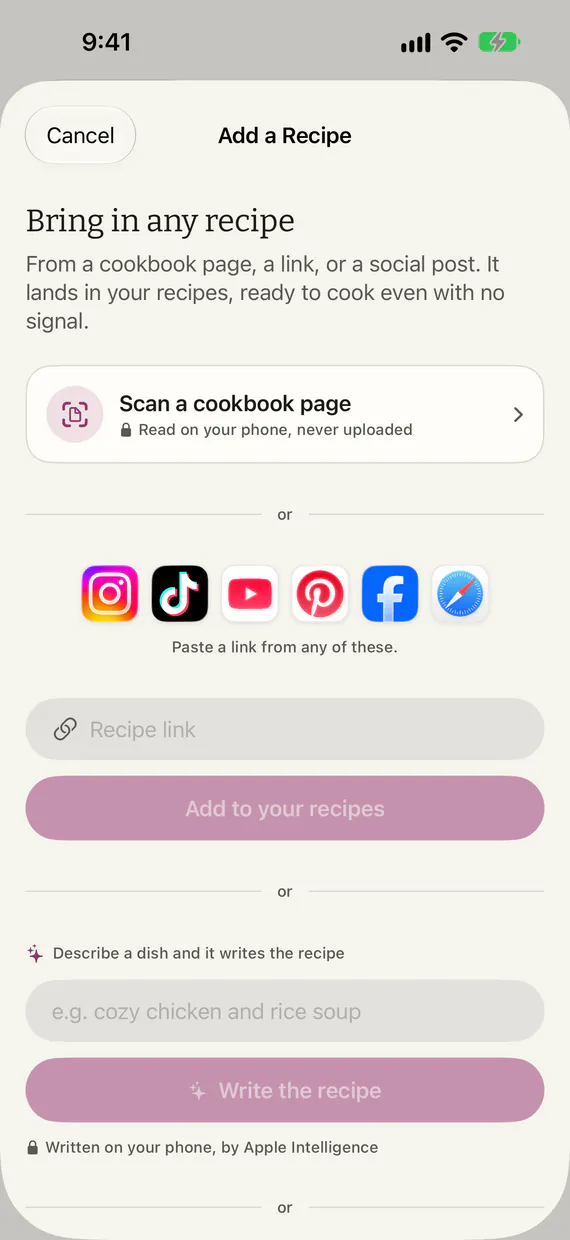 The Add a Recipe sheet in It’s Dinnertime!: Bring in any recipe, Scan a cookbook page, six recipe sources and a Recipe link field