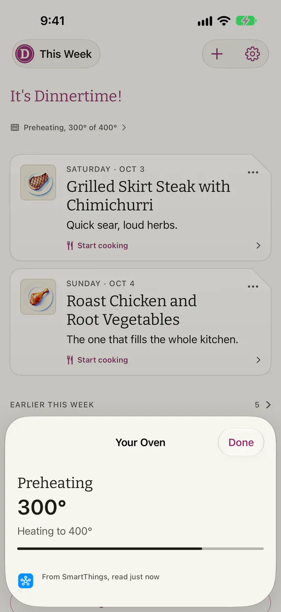 The Your Oven sheet in It’s Dinnertime!: Preheating, 300°, Heating to 400°, with a progress bar, from SmartThings, read just now