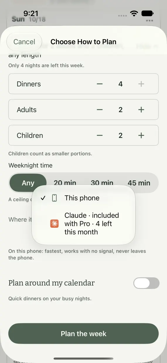 Choose How to Plan with the planner menu open: This phone is ticked, and Claude, included with Pro, shows how many plans are left this month.