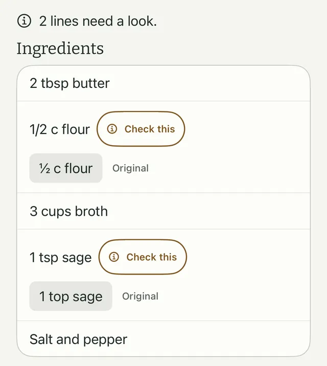 Read This Page showing Nana’s Gravy read from a photo of a recipe card. A line says 2 lines need a look, and two ingredients, 1/2 c flour and 1 tsp sage, carry a Check this button beside the original text.
