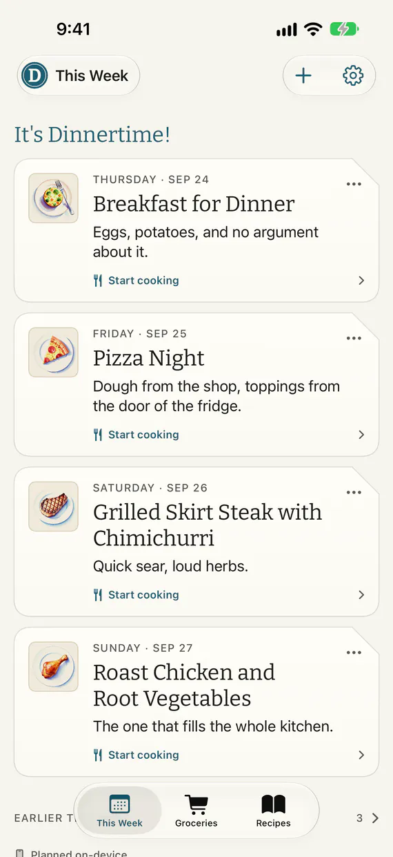 This Week in It’s Dinnertime!: four dinners planned, Breakfast for Dinner, Pizza Night, Grilled Skirt Steak with Chimichurri, and Roast Chicken and Root Vegetables, each with one of the app’s drawings and a Start cooking link