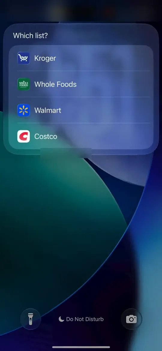 The Action Button question on the Lock Screen. Marker 1 points at the question Which list? Marker 2 points at the store lists to choose from.