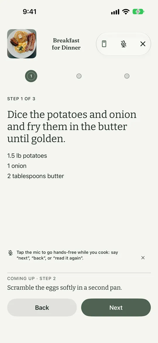 Cook along. Marker 1 points at the step text. Marker 2 points at the Back button. Marker 3 points at the Next button.