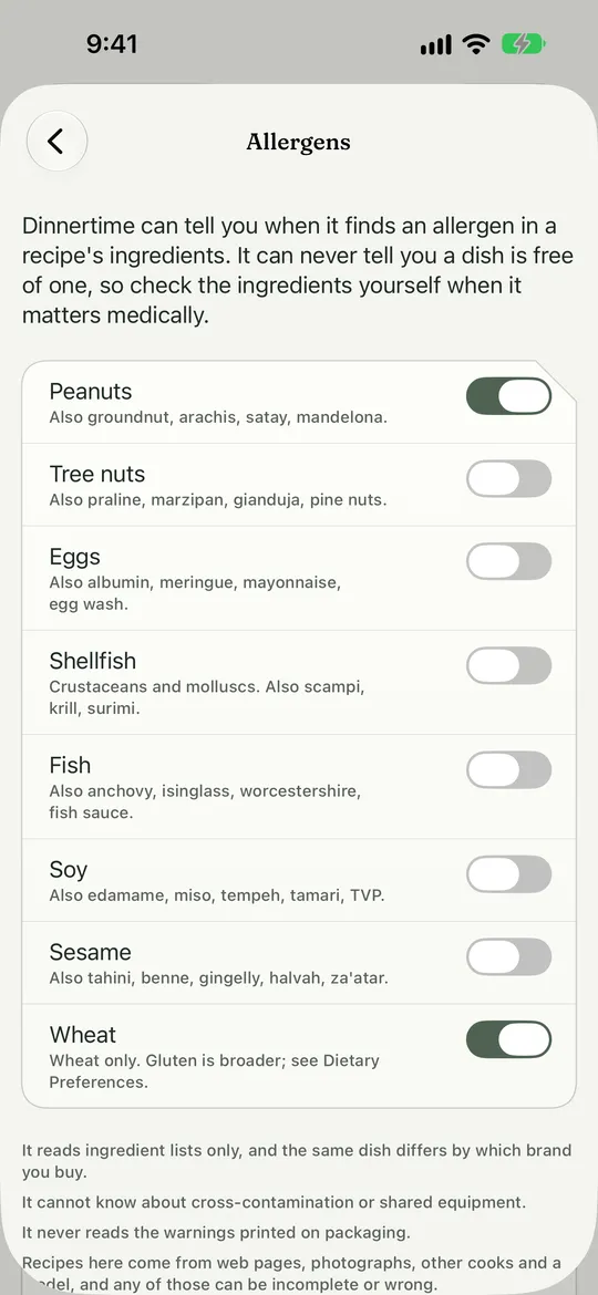 Settings: Allergens. Marker 1 points at the note about what Dinnertime can and cannot tell you. Marker 2 points at the list of eight allergens with a switch for each.