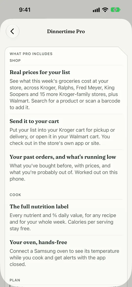 Settings: Dinnertime Pro. Marker 1 points at the list of what Pro adds.