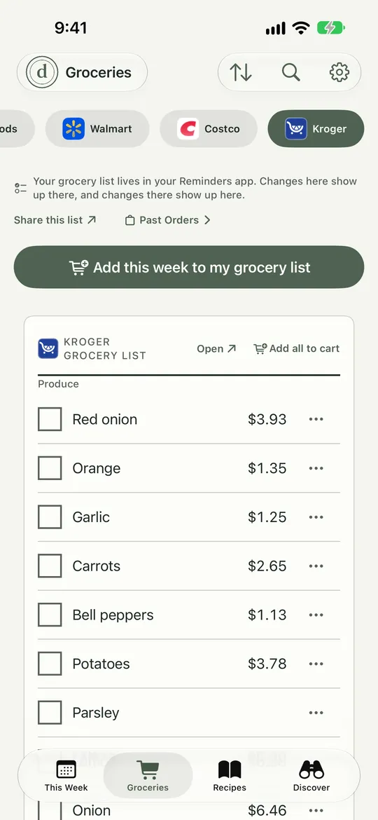 Groceries. Marker 1 points at the strip of store chips and All lists. Marker 2 points at the Add this week button. Marker 3 points at the grouped list.