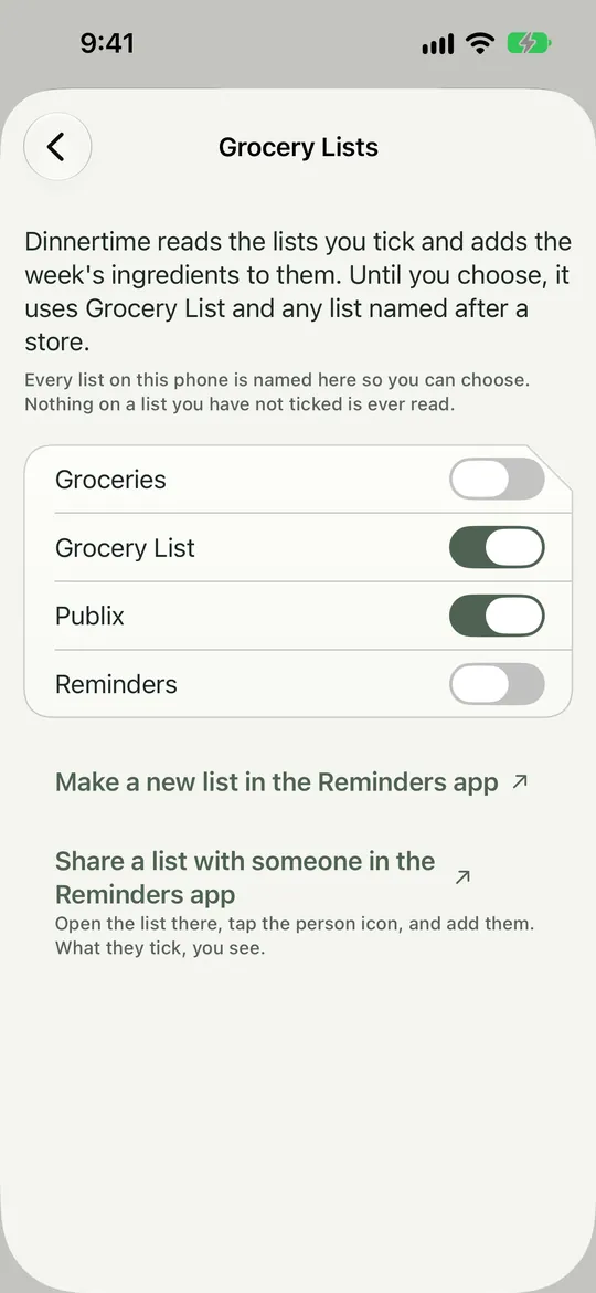 Settings, Grocery Lists, with a switch for each list on the phone: Groceries, Grocery List, Publix and Reminders. Marker 1 points at the list switches.