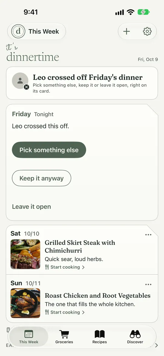 A crossed-off dinner. Marker 1 points at the line saying who crossed it off. Marker 2 points at the Keep it anyway button.