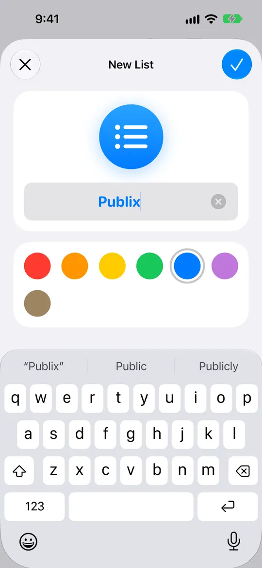 Apple Reminders, New List sheet with Publix typed as the list name. Marker 1 points at the name field.