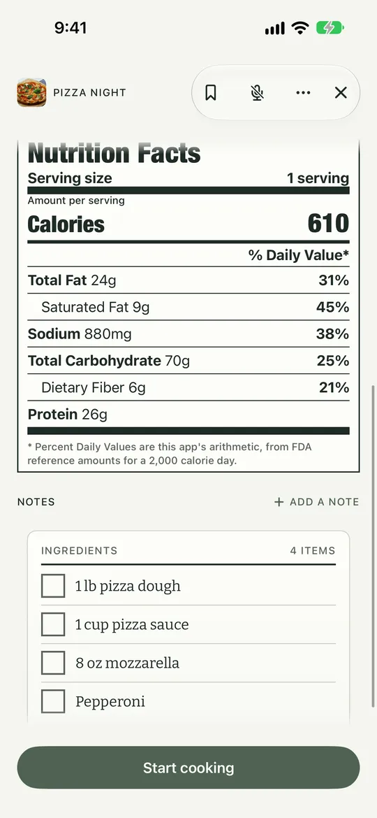 Nutrition Facts. Marker 1 points at calories per serving. Marker 2 points at the full nutrition label.