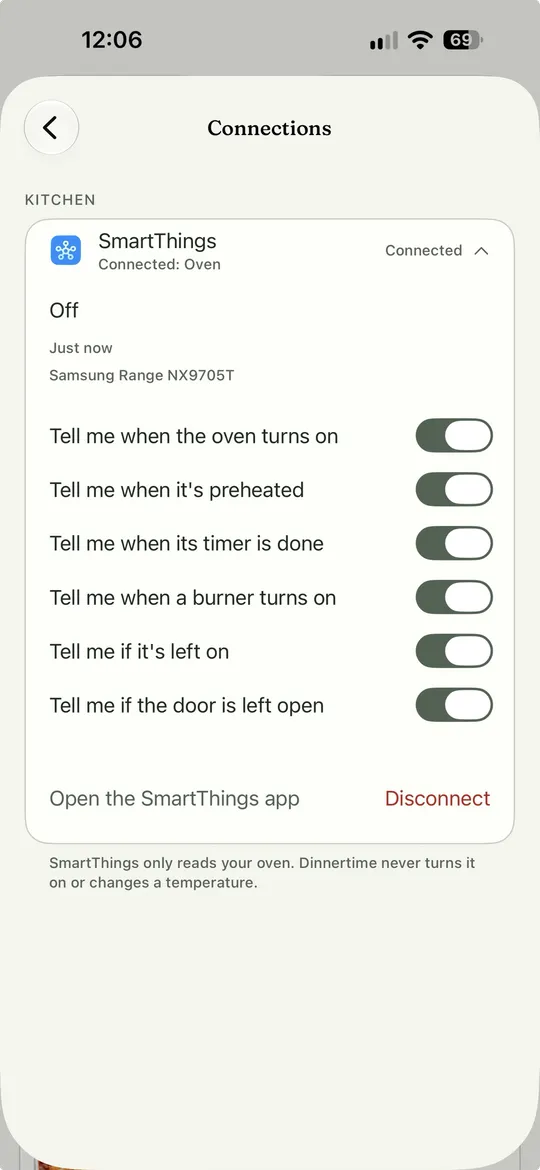 Settings: Connections. Marker 1 points at the SmartThings connection showing the oven. Marker 2 points at the alert switches. Marker 3 points at the Disconnect button.