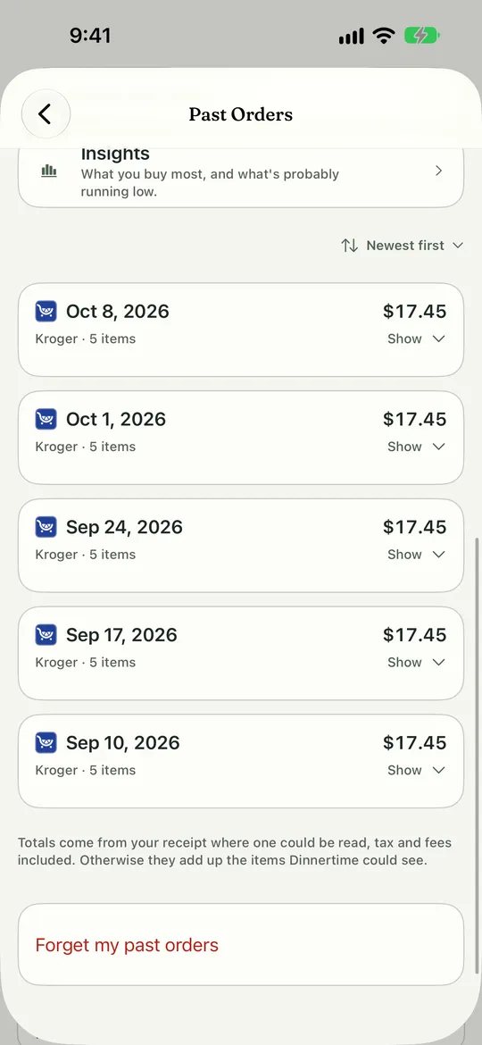 Past Orders. Marker 1 points at the Insights row, which shows what is probably running low. Marker 2 points at the Forget my past orders button.