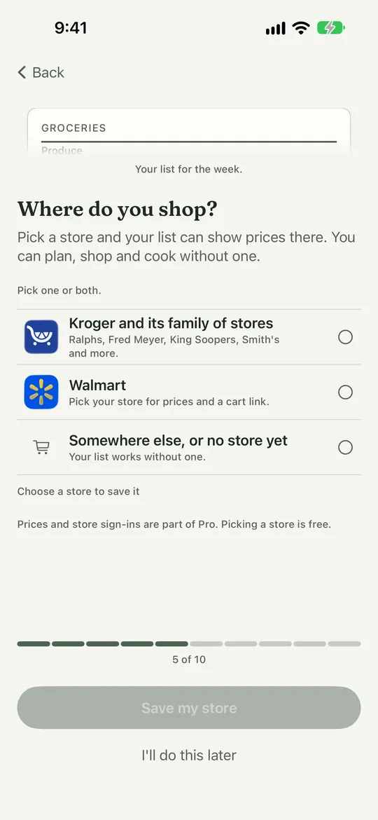 Setup: pick your store. Marker 1 points at the Kroger and Walmart choices. Marker 2 points at the Save my store button.