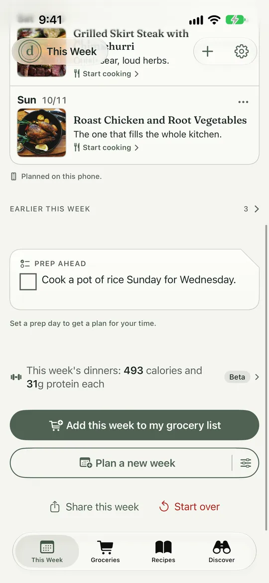 This Week. Marker 1 points at the Plan a new week button. Marker 2 points at its Choose how to plan control.