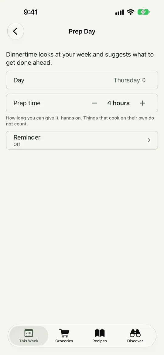 Settings: Prep Day. Marker 1 points at the prep day choice. Marker 2 points at the hands-on hours control. Marker 3 points at the Reminder row.