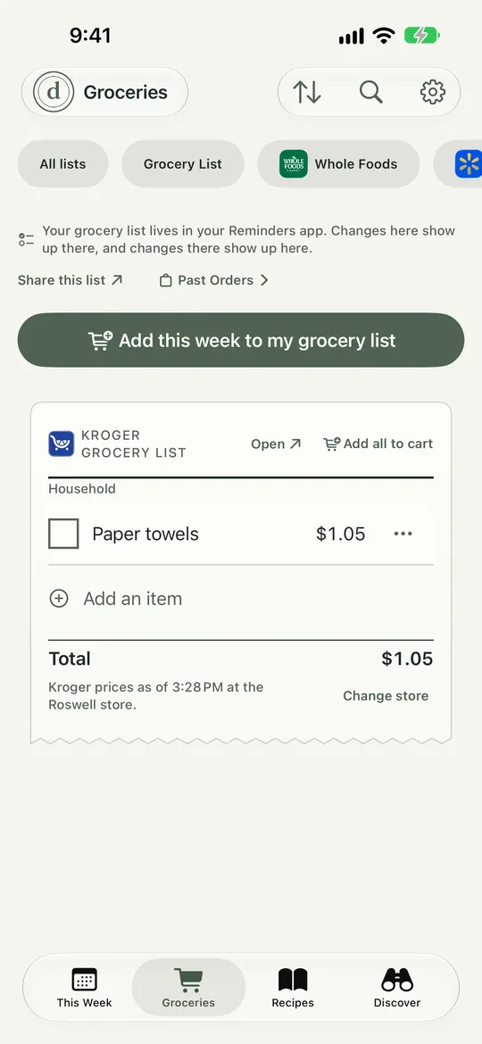 Your Kroger list. Marker 1 points at a price on a list line. Marker 2 points at the Add all to cart button.