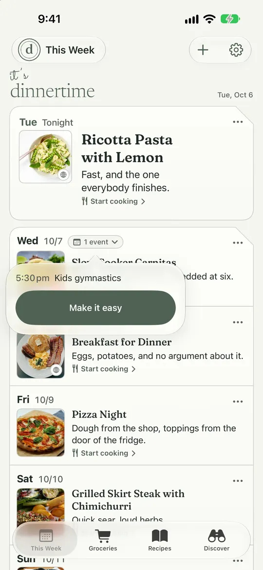 This Week with a night’s calendar open, showing an event at 5:30 pm and a Make it easy button.