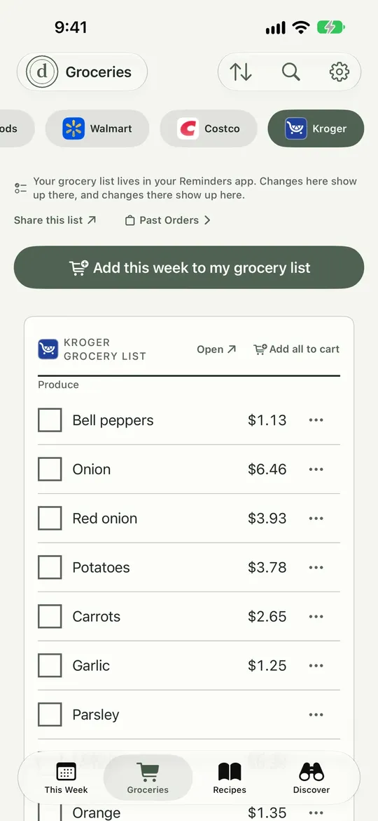 The Groceries tab with a Kroger list. The Add all to cart button sits in the list header.