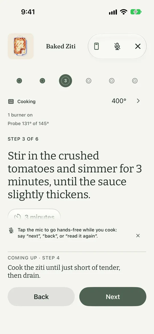 The cook screen with an oven strip showing the oven is cooking at 400 degrees and a probe at 131 of 145.