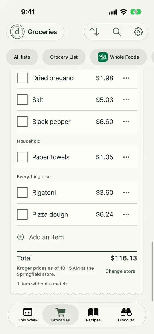 A Kroger grocery list with a price on every line and a total at the bottom.