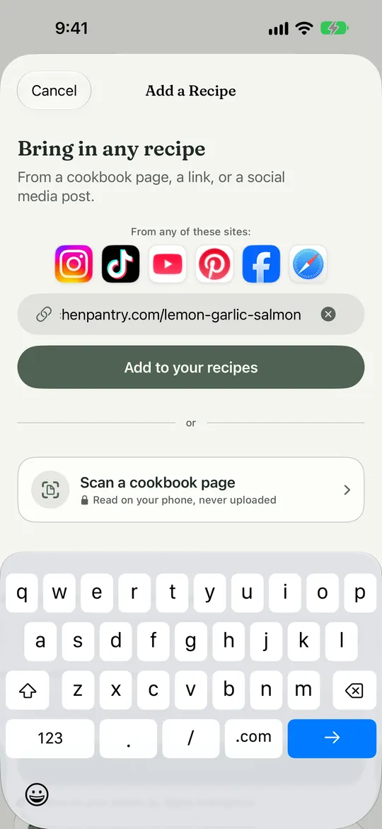 Add a recipe. Marker 1 points at the link field. Marker 2 points at the Add to your recipes button.
