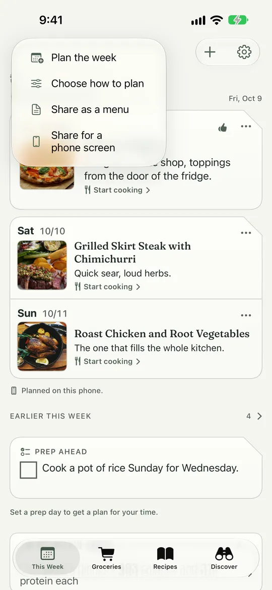 The This Week menu. Marker 1 points at Share as a menu. Marker 2 points at Share for a phone screen.