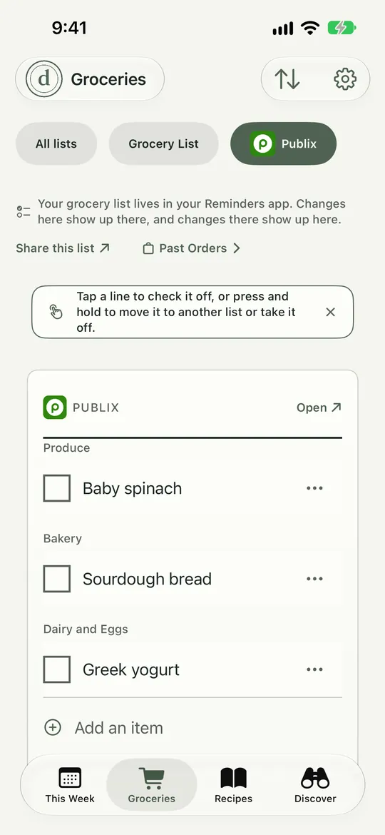 Dinnertime Groceries with the Publix tab selected beside All lists and Grocery List. Marker 1 points at the Publix tab. Marker 2 points at the Publix items below.
