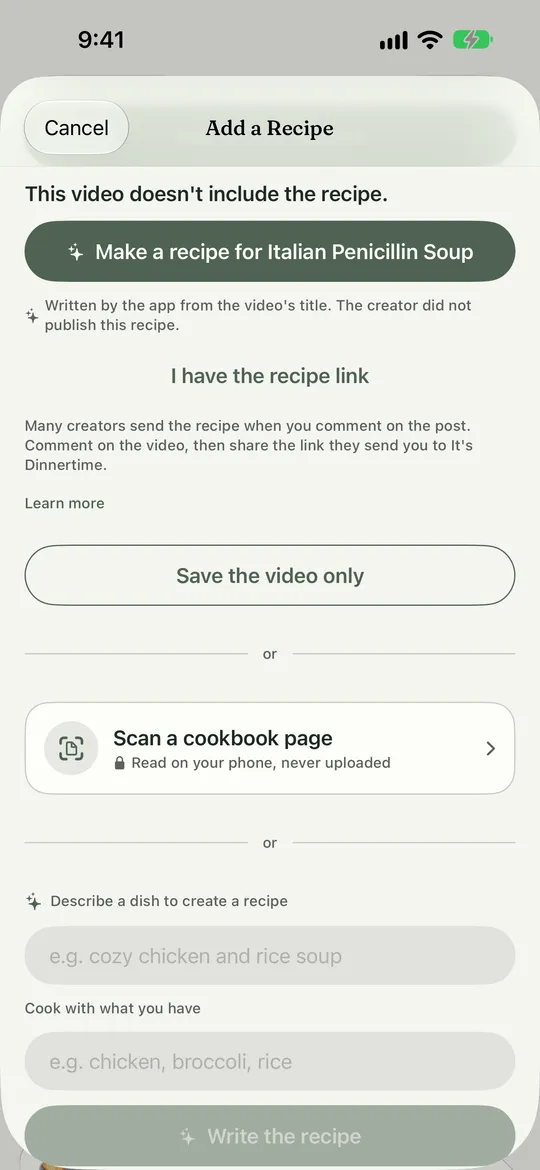 After you paste a video link. Marker 1 points at Make a recipe for the dish. Marker 2 points at I have the recipe link. Marker 3 points at Save the video only.