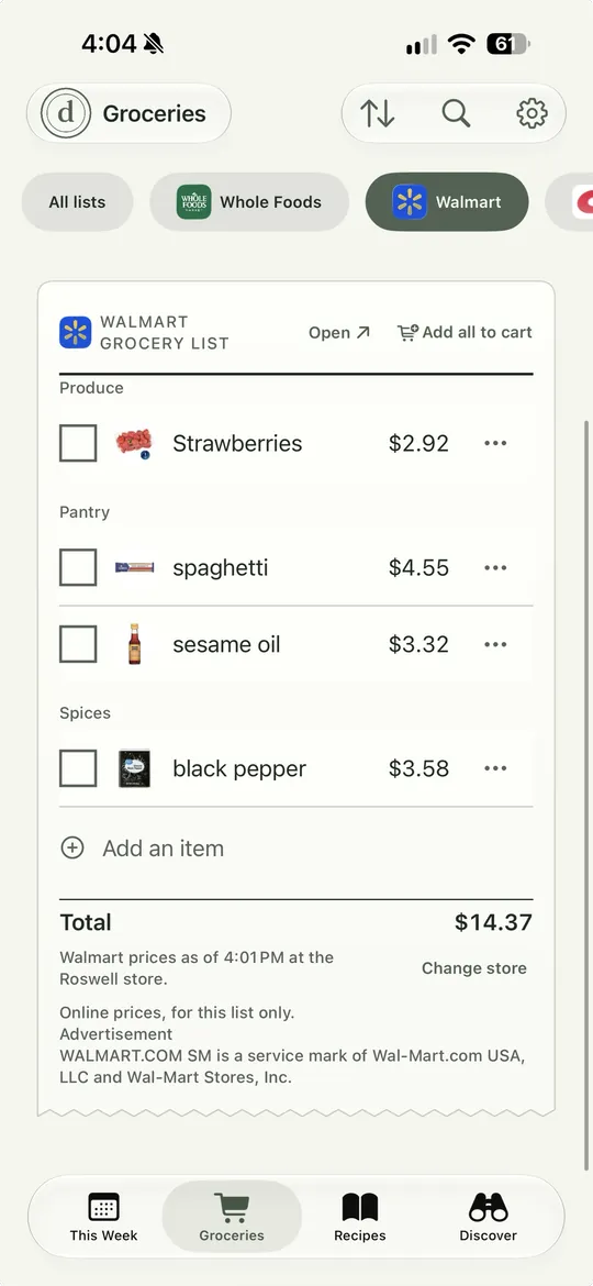 Your Walmart list. Marker 1 points at a price on a list line. Marker 2 points at the Add all to cart button.