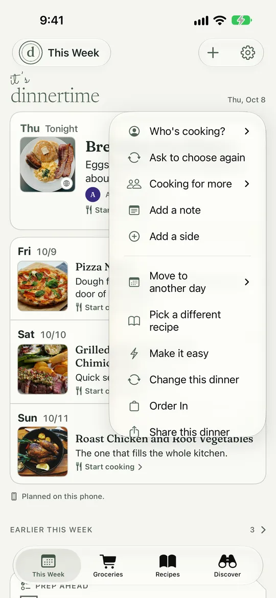 A dinner on This Week. Marker 1 points at the menu that the ••• button on the dinner card opens. Marker 2 points at Who's cooking? in the open menu.